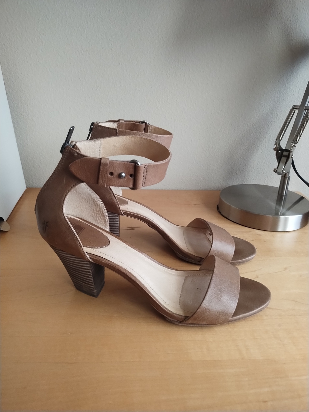 Frye Taupe Leather Ankle-Strap Block Heel Sandals